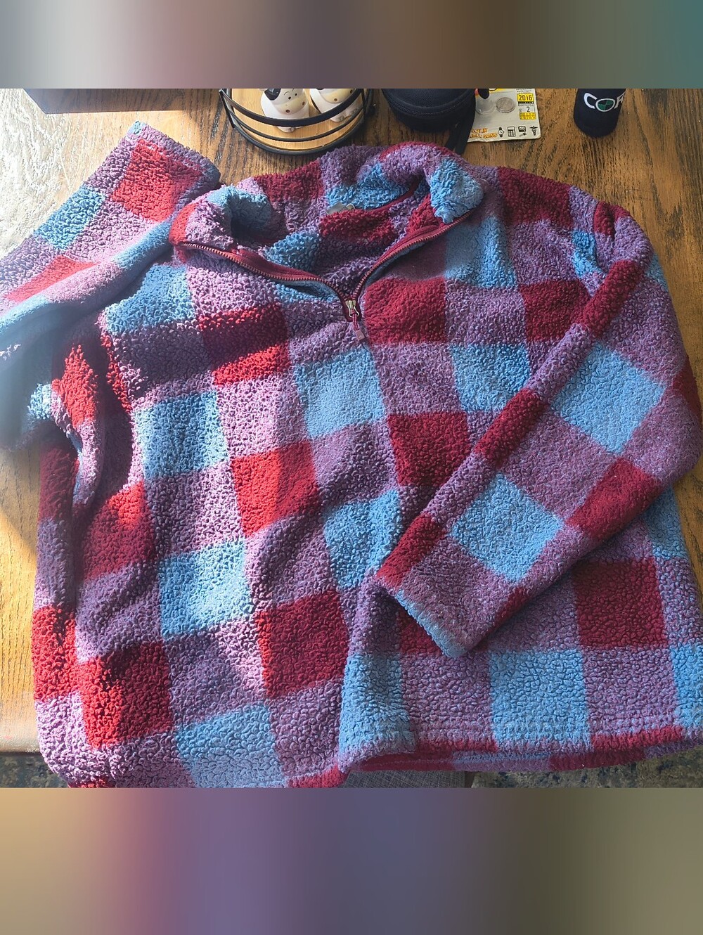 Eddie Bauer Checkered Half-Zip Sherpa Pullover - Red & Light Blue